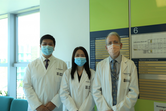 HKUMed demonstrates the mechanisms of vascular damage in SARS-CoV-2 infection, and shows how Imatinib may be a potential treatment for COVID-19 induced lung injury and vascular diseases. Members of the research team include: (from left to right) Dr Michael Chan Chi-wai, Associate Professor, School of Public Health; Dr Kenrie Hui Pui-yan, Assistant Professor, School of Public Health; and Professor John Nicholls, Clinical Professor, Department of Pathology.